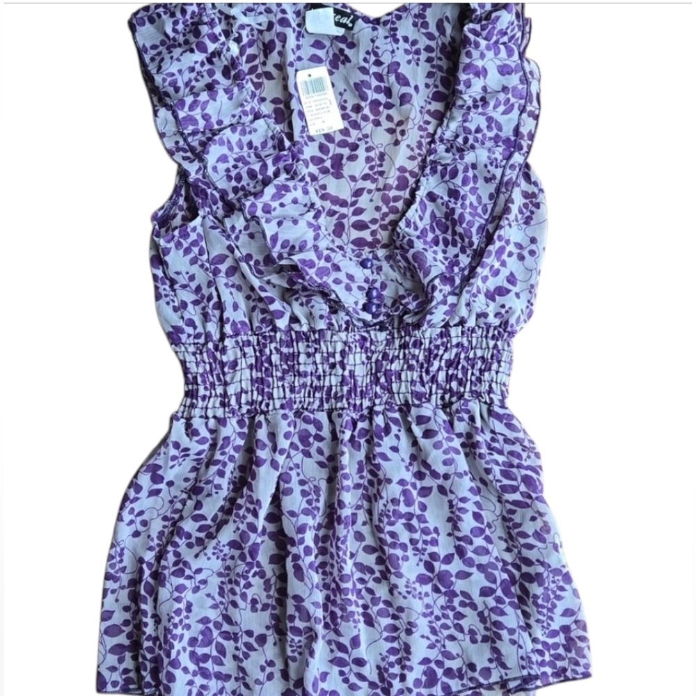 Wet Seal v-neck purple ruffle boho top floral, size medium sleeveless sheer NWT